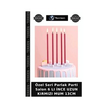 Özel Seri Parlak Parti Salon 6 Lı İnce Uzun Kırmızı Mum 13cm
