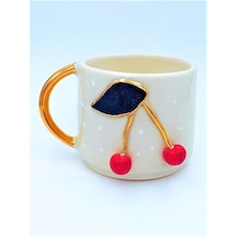 Kiraz Kabartmalı Mug, 24 Ayar Gerçek Altın Dekorlu, El Yapımı, Hediyelik Mug, 270 Ml Beyaz - Çok Renkli