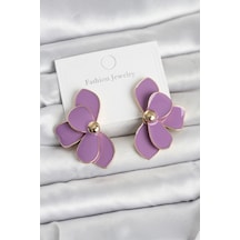 Mor Mineli Lotus Model Pirinç Kadın Küpe - Mor