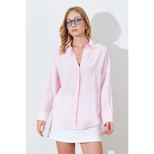 Manche Pudra Modal Soft Dokulu Yumuşak Gizli Pat Detaylı Oversize Kadın Gömlek Mks168262-01