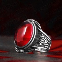 Takılingo 925 Ayar Gümüş Ateş Kehribar Taşlı Usta İşi Erkek Yüzük Gümüş