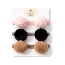Kız Çocuk Bebek Ponponlu Bandana 3'lü Set Pembe-siyah-kahve Pembe-siyah-kahve