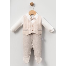 Lamato Baby İnce Çizgili Yelekli Bebe Erkek Tulum Bej