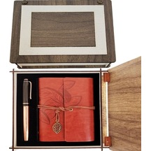 Özel Ahşap Kutulu Kahve Deri Defter Ve Bakır Roller Kalem Set Tdrtr Sezonsuz