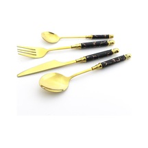 Siyah - Altın 5 Adet Siyah Altın Çatal Bıçak Kaşık Seti Vintage Seramik Sofra Paslanmaz Çelik Yemek Takımı Bıçak Kek Çatalı Çay Kaşığı Ev Gümüş Seti Siyah - Altın