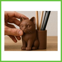 Bezos 3d Baskı Kedi Figürlü Kalemlik - Masaüstü Organizer - Kahverengi Dmc