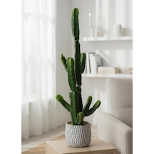 Yapay Kaktüs Euphorbia İngens Şamdan Ağacı Beton Saksıda Yapay Bitki 70cm Yeşil