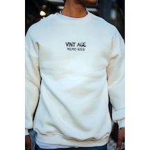 Erkek Bisiklet Yaka 3 İplik Pamuklu Baskılı Sweatshirt - Beyaz