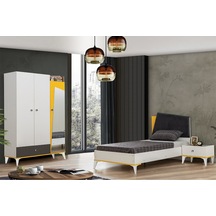 Giallo Genç Odası, 3 Kapaklı Dolap Karyola Komodin (504460276) Beyaz