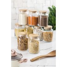 9 Lu Set Bambu Kapaklı Cam Kavanoz &  Erzak Saklama Kabı 800 ml Orta Boy ( Vakum Kapak )