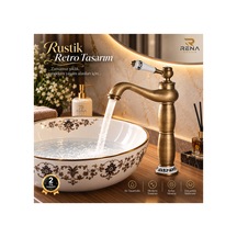 Rena Design Rustik Antik Çanak Lavabo Bataryası Banyo Yüksek Musluk Eskitme Porselen Işleme Armatür Otantik Bakır Retro Antik Eskitme