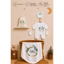 Pia Baby İsme Özel Erkek Bebek Hastane Çıkışı Battaniyeli Tulum Seti %100 Pamuk Ham Bez Kıyafet Kesesi Yenidoğan Bebek Hediyesi 2095btk3x Ekru