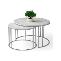 Ahşap Parlak Lake 2 Li Orta Sehpa Krom Metal Ayaklı Beyaz Mermer Desenli