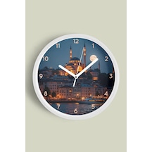 İstanbul Boğazı Ve Cami Manzaralı Modern Duvar Saati - 42cm - Önü Camlı Beyaz Kasa Beyaz