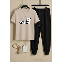 Uyguntarz Unisex Sleep Panda Baskılı Tasarım Tişört - 2'li Eşofman Takımı Bej