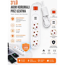 3'lü Akım Korumalı Priz Uzatma Kablosu 1,5 Metre 2 Usb Girişli, Işıklı Anahtarlı, Çocuk Korumalı Çoklu Priz 1,5 m 3'lü Akım Korumalı Priz Uzatma Kablosu 1,5 Metre 2 Usb Girişli, Işıklı Anahtarlı, Çocuk Korumalı Çoklu Priz 1,5 m