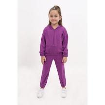 Toontoy Kids Kız Çocuk 2'li Takım Kapüşonlu Fermuarlı Sweatshirt & Beli Paçası Lastikli Jogger Eşofman Altı - 2 İplik Mor