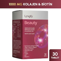 Longify Beauty Hidrolize Kolajen Tip 1 Ve Tip 3, Hidrolize Elastin, Hyaluronik Asit, Biotin, Vitamin C, Çinko, Bakır Takviye Edici Gıda 30 Tablet