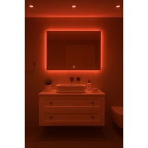 Digital Hayat Dokunmatik Dimlenebilir Kırmızı Led Işıklı Dikdörtgen Ayna Dekoratif Banyo Makyaj Aynası Yatay Ve Dikey Kullanım 30x50cm - 60x80cm Kırmızı