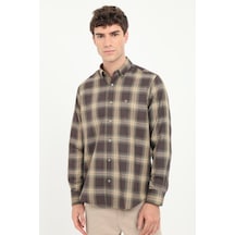 Dufy Erkek Regular Fit Düğmeli Yaka Uzun Kol Haki Ekose Gömlek-25794
