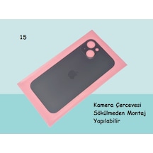 Tkgz - Apple Uyumlu iPhone 15 Arka Pil Batarya Kapağı - Cam Kapak Geniş Lens Deliği - Siyah Çok Renkli
