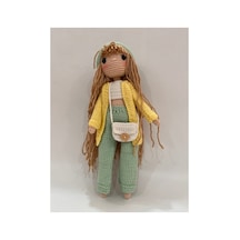 El Yapımı Amigurumi Örgü Bebek 28 Cm Renkli Hırkalı Uzun Saçlı Tığ İşi Oyuncak Bebek Hediyelik Yeşil Sarı