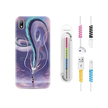 Huawei Y5 2019 Kılıf Kablo Koruyuculu Kız Ve Ejderha 1742 Siyah