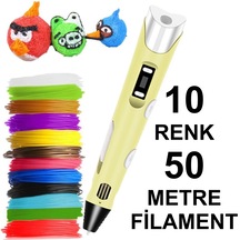 Sari 3D Kalem Yazıcı+10 Renk 50 Metre (10X5Metre) Pla Filament