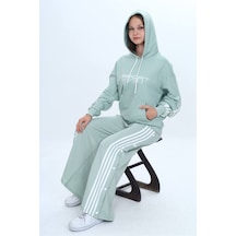 Unisex Çocuk %100 Pamuk Kapüşonlu Ve Çıtçıtşı Oversize Alt&üst Trend Eşofman Takımı-302-eşt-0008 Su Yeşil