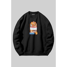 Harmandar Kedi Baskılı Unisex Siyah Bisiklet Yaka Sweatshirt Antikedibisiklet