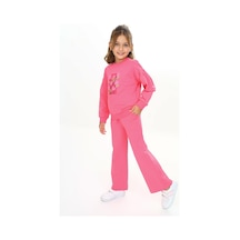 Toontoy Kids Toontoy Kız Çocuk 2'li Takım Baskılı Bisiklet Yaka Sweatshirt & Beli Lastikli Bol Paça Eşofman Altı - Garni Detaylı & 2 İplik Fuşya