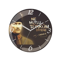 Atatürk Ne Mutlu Türküm Diyene Çap 30cm Sessiz Akar Bombeli Gerçek Cam Duvar Saati Siyah