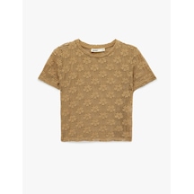 Koton Slim Fit Kısa Kollu Bisiklet Yaka Çiçekli Kroşe Crop Tişört Haki 6sak50124ek