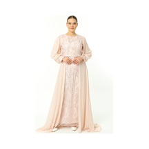 Ladies First Büyük Beden 3704 Pudra Uzun Abiye Elbise