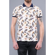 Yake Store Polo Yaka Turuncu Çiçek Desenli T-shirt - Wessi - Turuncu Beyaz