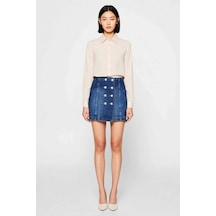 Benerly Kadın Mini Denim Etek Çift Düğme Detaylı A-line Kesim %99 Pamuk R Mavi