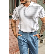 Cool Tarz Çizgili Polo Yaka T-shirt Beyaz Mat Beyaz Mat Beyaz