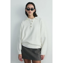 Suud Collection Ekru Rani Polo Yaka Oversize Kazak
