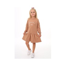 Toontoy Kız Çocuk Baskılı Regular Fit Bisiklet Yaka Uzun Kollu Lastikli Elbise Kahverengi