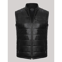 Hakiki Kuzu Derisi Siyah Şişme Fermuarlı Erkek Yelek Siyah