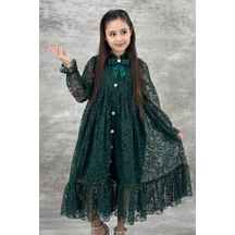 Riccotarz Kız Çocuk Boydan Düğmeli Dantel İşlemeli Yeşil Elbise 001