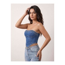 Orvelia Kristal Saçaklı Likralı Premium Denim Büstiyer Korse Nova Kristal Saçaklı Likralı Premium Denim Büstiyer Korse Mavi