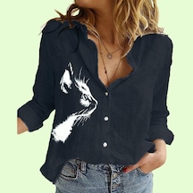 Siyah Bayanlar Rahat Kedi Baskı Bluzlar Kadın Moda Yaka Yaka Hırka Gömlek Ince Pamuk Keten Üst