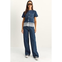 Kadın Dantel Detaylı Kısa Kollu Ceket Wide Leg Denim Pantolon Takım 8211 60286152 - Lacivert