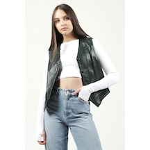 Dericlub Vittoria Kadın Düğmeli Slim Fit Hakiki Deri Yelek Yeşil