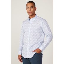 AC&Co / Altınyıldız Classics Erkek Mavı Slim Fit Dar Kesim Gizli Düğmeli Yaka %100 Pamuk Baskılı  Gömlek Mavi