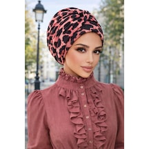 Aişe Tesettür Siyah Pudra Leopar Desen Burgu Bantlı Bone