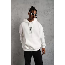 Yake Store Unisex Sırt Baskılı Kapüşonlu Üç İplik Oversize Sweatshirt - Beyaz - Beyaz