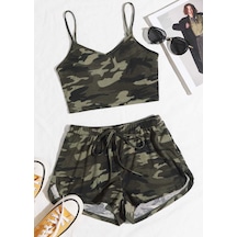 Kadın Kamuflaj Desenli Askılı Crop Top Ve Şortlu Gecelik Takım H110440 Beden: S/m Diğer