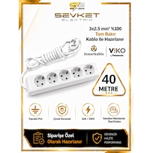 Viko 5'li Grup Priz 40 Metre Beyaz 3x2,5 Mm Kalın Kablolu Uzatma Kablosu 40 M